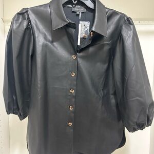 Black Faux Leather Puff Sleeve Top